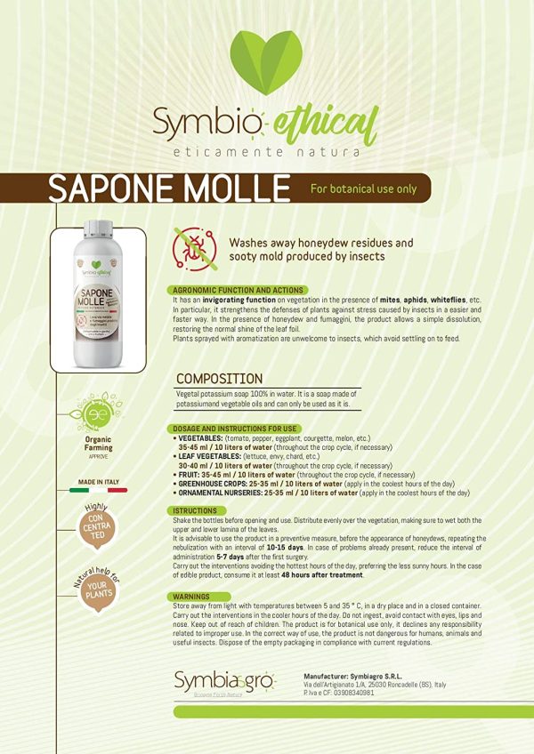 Symbioethical Sapone Molle - 500 gr - Corroborante - Elevata Concentrazione - Potenziatore delle difese delle piante - Agricoltura biologica