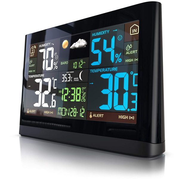 Stazione meteo con display a colori - con sensore esterno - segnale DCF - temperatura interna ed esterna - pressione relativa dell'aria - barometro - andamento della temperatura - sensore crepuscolare