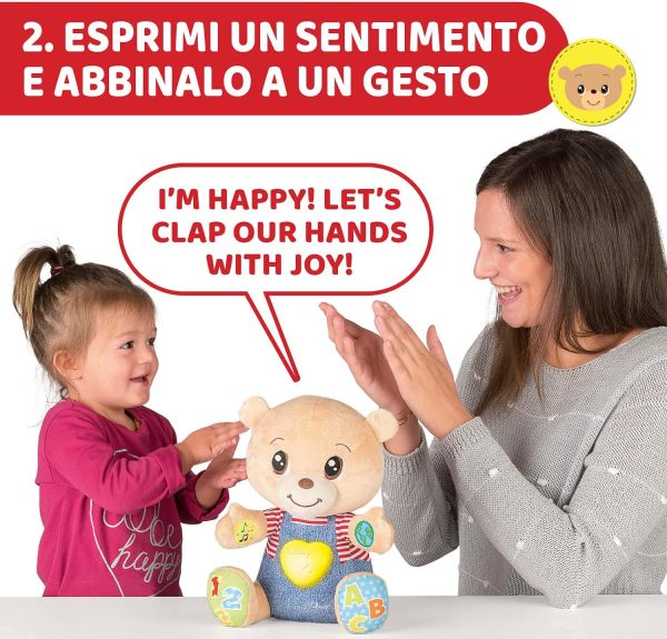 Chicco Teddy Orso delle Emozioni, Peluche Evolutivo Interattivo Bilingue Italiano/Inglese, Gioco Educativo con Emozioni, Numeri e Lettere, Pupazzo con Luci e Canzoni - Giochi Bambini 6 Mesi - 5 Anni - immagine 2