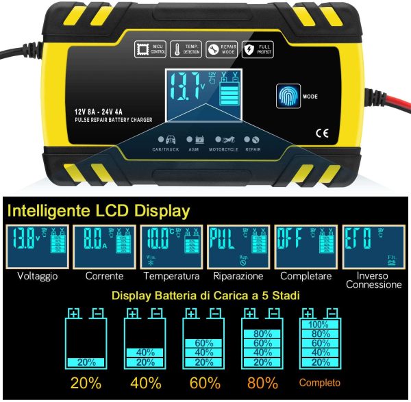 Caricabatterie e Mantenitore Auto 12V/24V 8A, Carica Batteria per Auto Moto Camion AGM Batterie, Automatico Intelligente Caricabatteria con Schermo LCD(6-150AH) - immagine 4