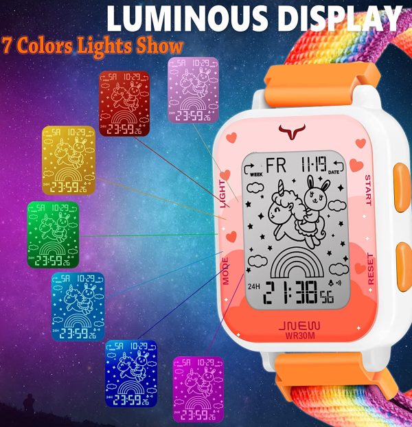 Venhoo Orologio Digitale per Bambini Cinturino in Nylon Intrecciato per Sport all'aria aperta, 7 Orologi da Polso Colorati con retroilluminazione con sveglia Cronometro Luminoso per Bambine - immagine 3