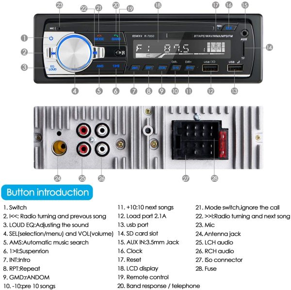 RDS Autoradio Bluetooth,  Autoradio con Vivavoce Bluetooth Chiamate in vivavoce Telecomando Radio FM 4x65W Autoradio con lettore MP3 USB e Bluetooth 5.0, supporto telefono iOS e Android - immagine 7