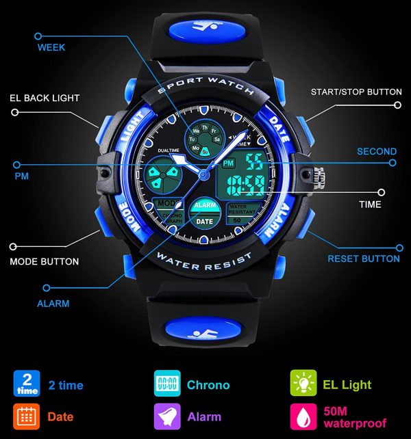 Bambini orologi digitali analogici per ragazzi - Childrens Outdoor orologio sportivo con allarme/Dual Time/LED, 5 atm impermeabile elettronico analogico da polso sportiva per adolescenti - immagine 2