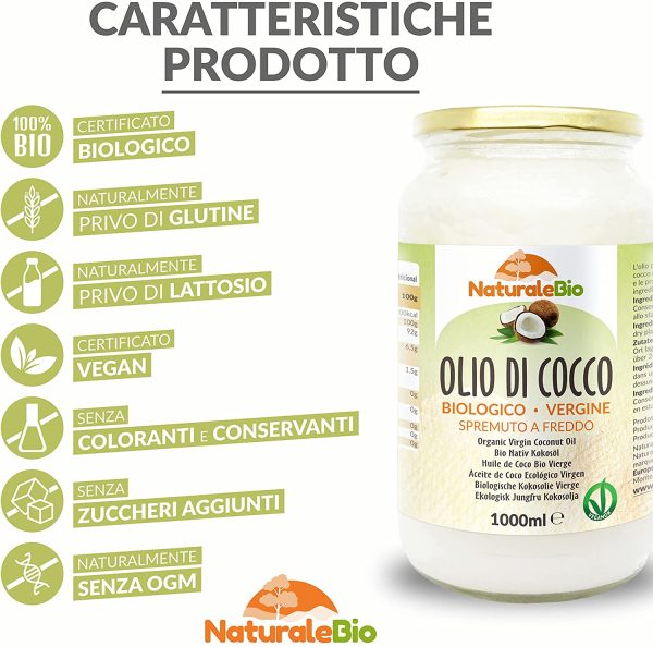 Olio di Cocco Biologico Vergine 1000 ml. Crudo e Spremuto a Freddo. Organico e Naturale. Bio Nativo e non Raffinato. Origine Sri Lanka. NATURALEBIO - immagine 9