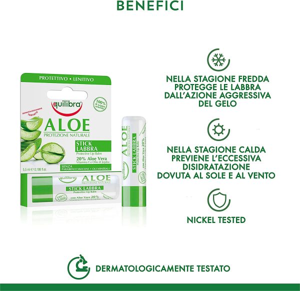 Equilibra Viso, Aloe Stick Labbra, Stick Labbra a Base di Aloe Vera, Idratante Labbra che Crea un Velo Protettivo Contro Gelo, Disidratazione, Sole e Vento in Ogni Stagione, 5,5 ml - immagine 3