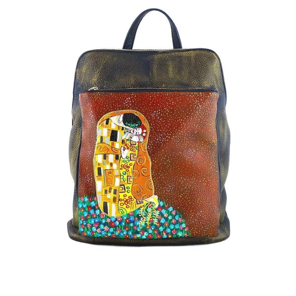 Borsa Zaino in pelle dipinta a mano - IL BACIO DI KLIMT - Borse zaino Donna, Borse a Spalla, Vera Pelle, Made in Italy, in Pelle Dipinta, Zainetto e Borse a Tracolla, Lavorazione Artigianale - immagine 2