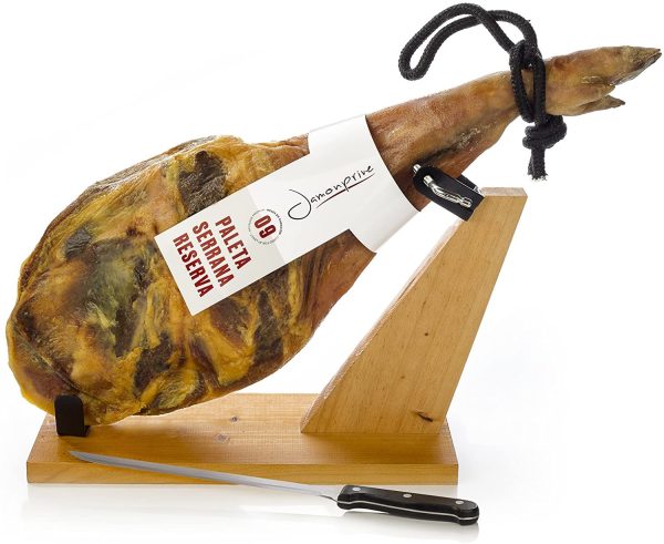 Prosciutto Spagnolo Serrano (Spalla) Riserva + Porta Prosciutto + Coltello 4.5 - 5 Kg - Jamon Serrano Crudo