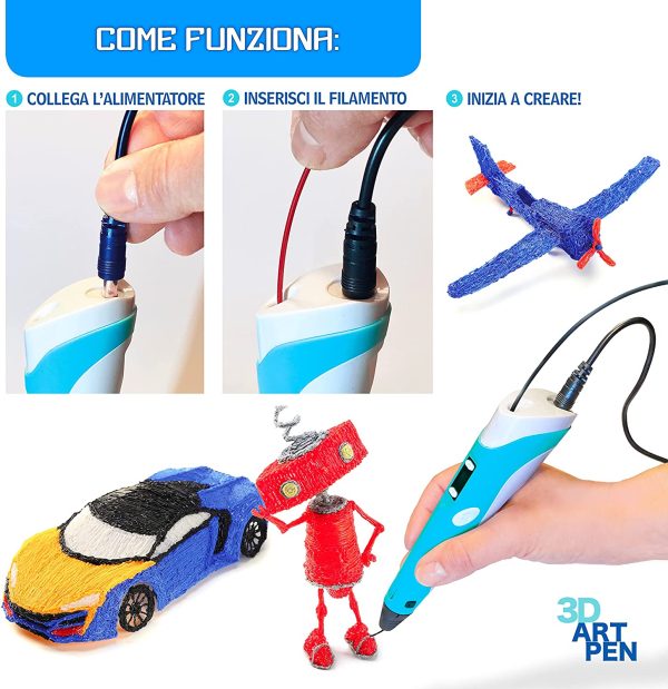 Penna 3D + Istruzioni in Italiano e Guida illustrata in omaggio (30 pagine) + 12 colori 36 metri filamenti - Kit completo accessori - immagine 2