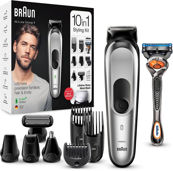 Braun Regolabarba Tagliacapelli Uomo Rasoio Incluso, Rifinitore Barba, 8 Accessori inclusi, 85% di Plastica in Meno, Idea Regalo, MGK7220 All-in-One Grigio Argento