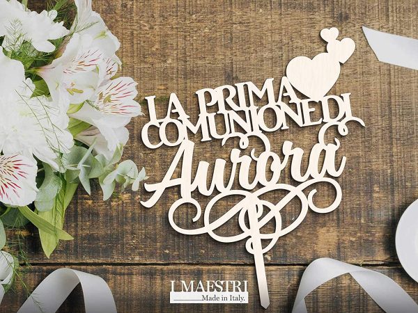 Cake topper Prima Comunione con cuoricini personalizzabile con nome - I MAESTRI - immagine 3