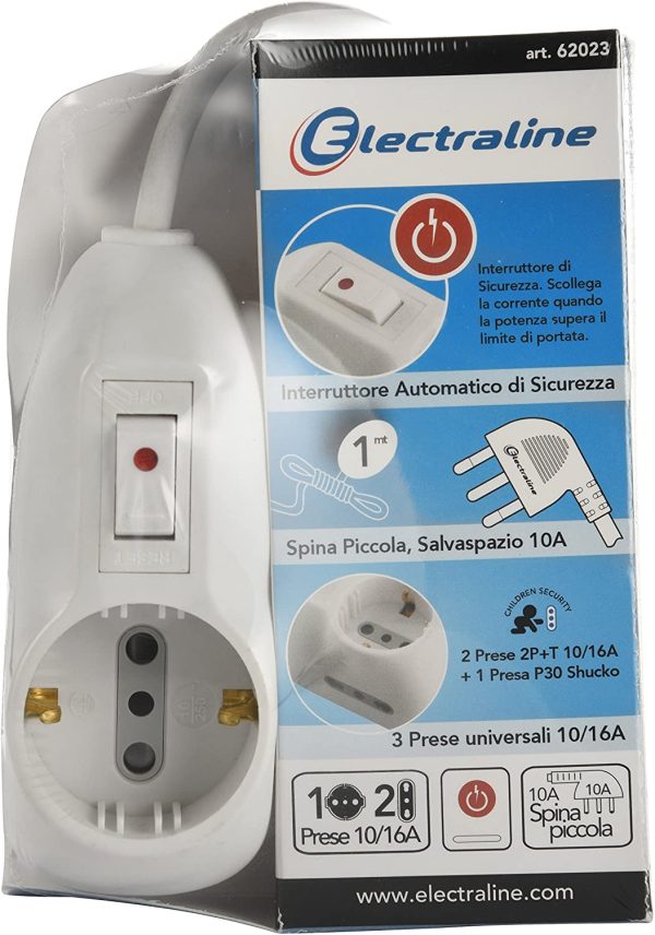 62023 Multipresa Protetta, Cavo da 1 m, 3G0.75, Spina 10 A, Prese 1 Italiana/Tedesca e 2 Bipasso 10/16A, Interruttore di sicurezza, Bianco, 1m - immagine 2