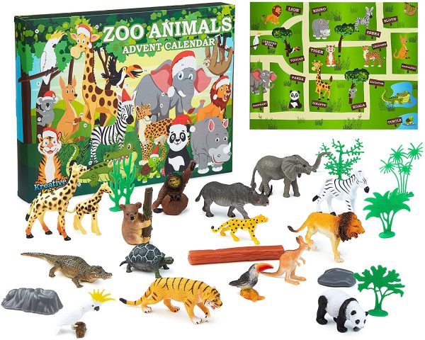 KreativeKraft Calendario Avvento 2021 con Gli Animali dello Zoo, + 24 Animali Giocattolo per Bambini, Calendario dell Avvento per Bimbi, Regalo di Natale per Bambino