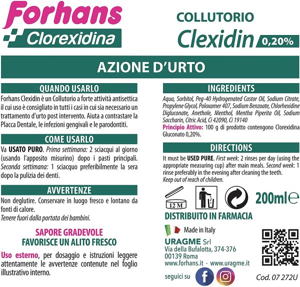 Forhans Clorexidina, Collutorio Clexidin 0,20%, Antisettico Con Clorexidina, Azione D'urto, Trattamento Post Intervento, Contrasta Le Infezioni Del Cavo Orale, Senza Alcol, Sapore Gradevole, 200ml, Clexidin Colluttorio 0,20% - immagine 5