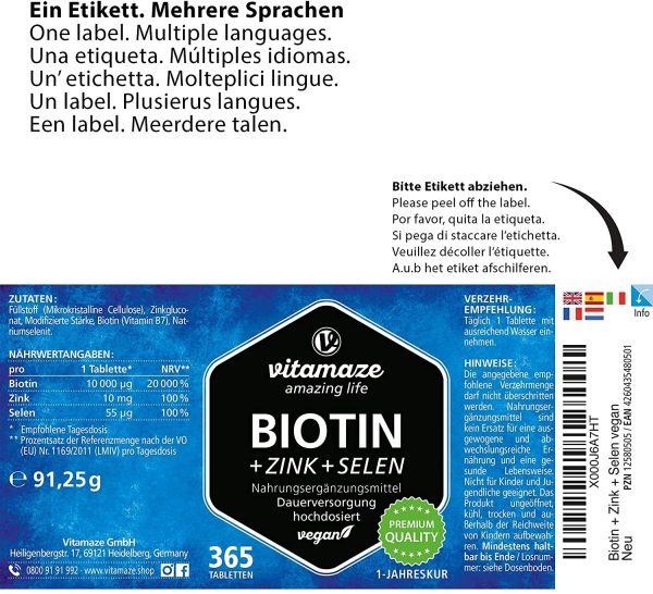 Vitamaze? Biotina 10000 mcg + Selenio + Zinco per Pelle, per la Crescita dei Capelli e Unghie Sani, 365 Compresse per 12 Mesi, Vitamina B7, Integratore senza Additivi non Necessari, Qualit?? Tedesca - immagine 4