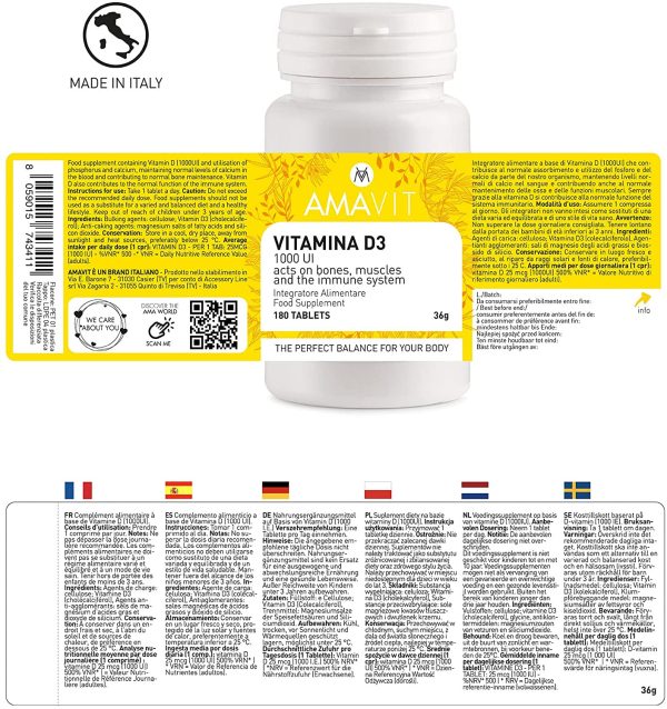 AMAVIT Vitamina D 2000 UI per 2 Compresse [Fornitura per 6 mesi] Integratore Vitamina D3 per le Difese Immunitarie Senza Glutine e Lattosio, Rinforzo del Sistema Immunitario, 180 compresse - immagine 2