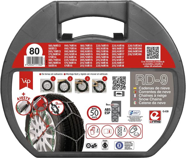 VIP RD9 - Catene da neve in metallo RD9 mm, misura 80, set 2 pezzi, guanti inclusi - immagine 3