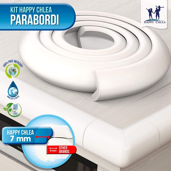 HAPPY CHLEA? Paraspigoli Bambini Angolari Gomma con Tecnologia ??SCHIUMA ATTIVA??. Kit Sicurezza Casa. 2 Metri di Parabordi + 4 Angolari Morbidi + 2 Blocca Cassetti. Marchio Registrato - immagine 7