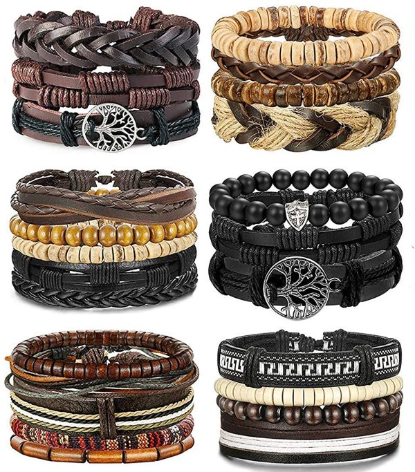 BESTEEL 24 Pezzi Pelle Bracciali Albero della Vita per Uomo Donna Intrecciato Cuoio Perline di Legno Braccialetto Multilivello, Regolabile - immagine 4