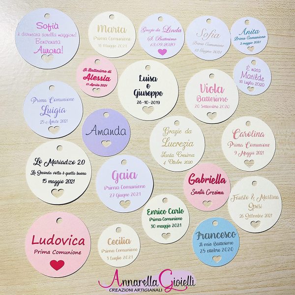 Cartellini TONDO CUORE per bomboniera personalizzati, varie misure, vari colori, 10 pezzi, matrimonio, tondo, etichette, nascita, battesimo, bimbo, cresima, comunione - immagine 9