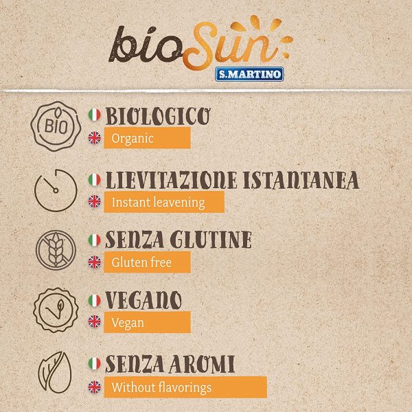 BIOSUN - Lievito Biologico a Lievitazione Istantanea, ideale sia per Dolci che per Salati, con Cremor Tartaro Naturale, 3 Buste da 16 g l'una, 48g tot, Senza Glutine, Vegano, Made in Italy