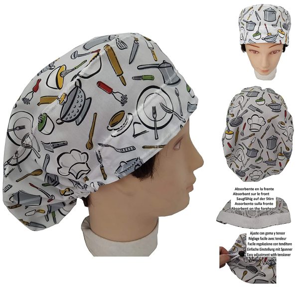 Cappello da cuoco da donna UTENSILI DA CUCINA per Capelli Lunghi Catering Con assorbente sulla fronte Regolabile a piacere senza nodi con tenditore - immagine 3