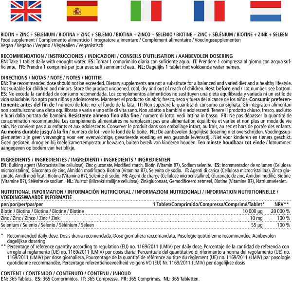 Vitamaze? Biotina 10000 mcg + Selenio + Zinco per Pelle, per la Crescita dei Capelli e Unghie Sani, 365 Compresse per 12 Mesi, Vitamina B7, Integratore senza Additivi non Necessari, Qualit?? Tedesca