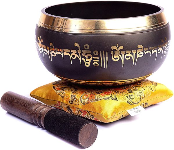 Himalayan Bazaar - Set con campana tibetana, facile da suonare, realizzato a mano, per meditazione tramite il suono, 10 cm, per la guarigione dei 7 chakra - immagine 3